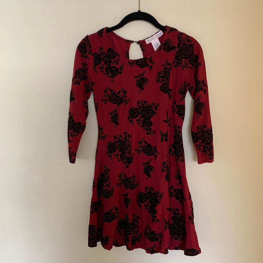 PlanetGold burgundy and black velvet floral dress